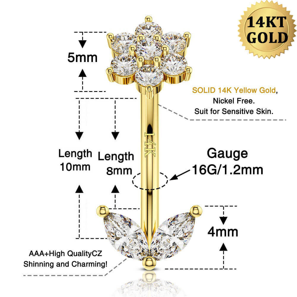 14K Gold CZ Flower Leave Rook Earring