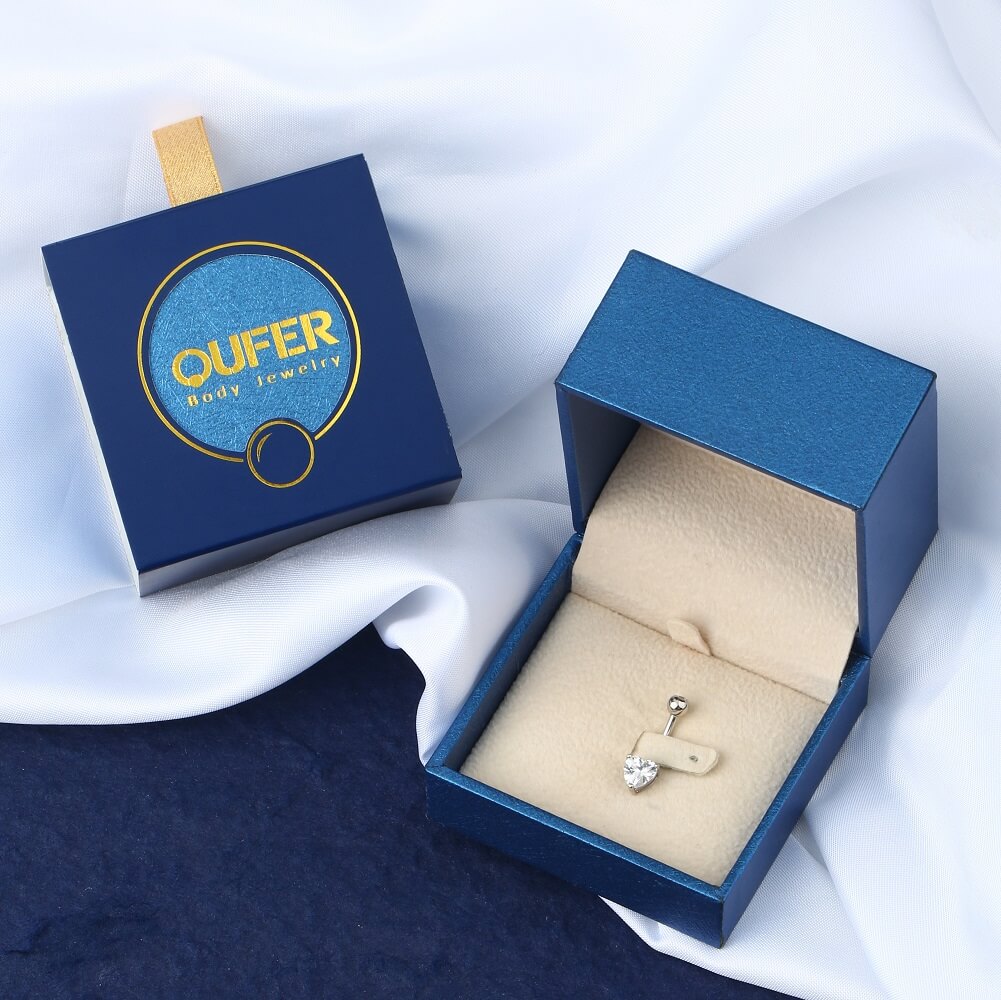 14KT White Gold Heart CZ Belly Rings
