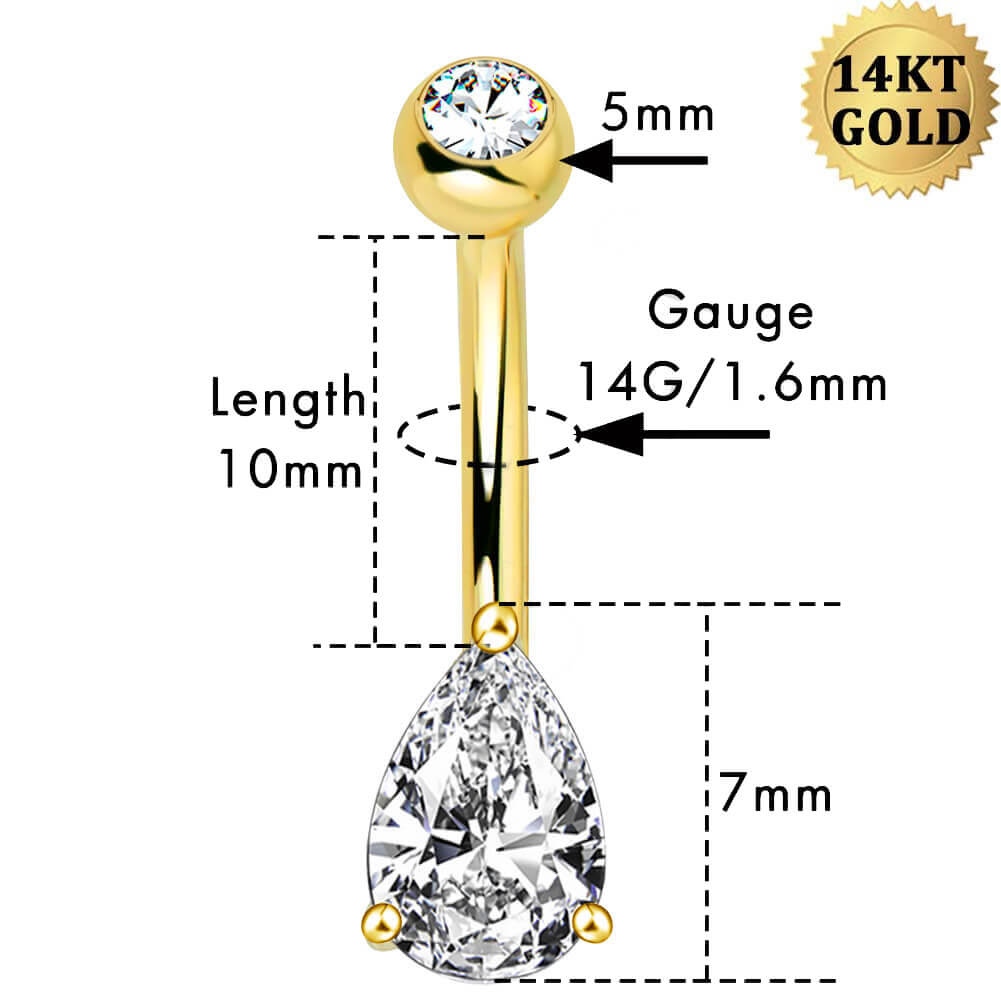 14K Gold Teardrop CZ Belly Ring