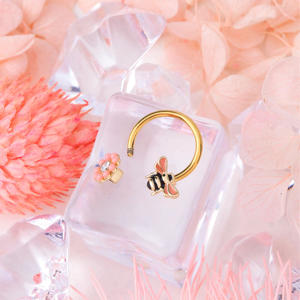 Bee & Flower Horseshoe Septum Ring