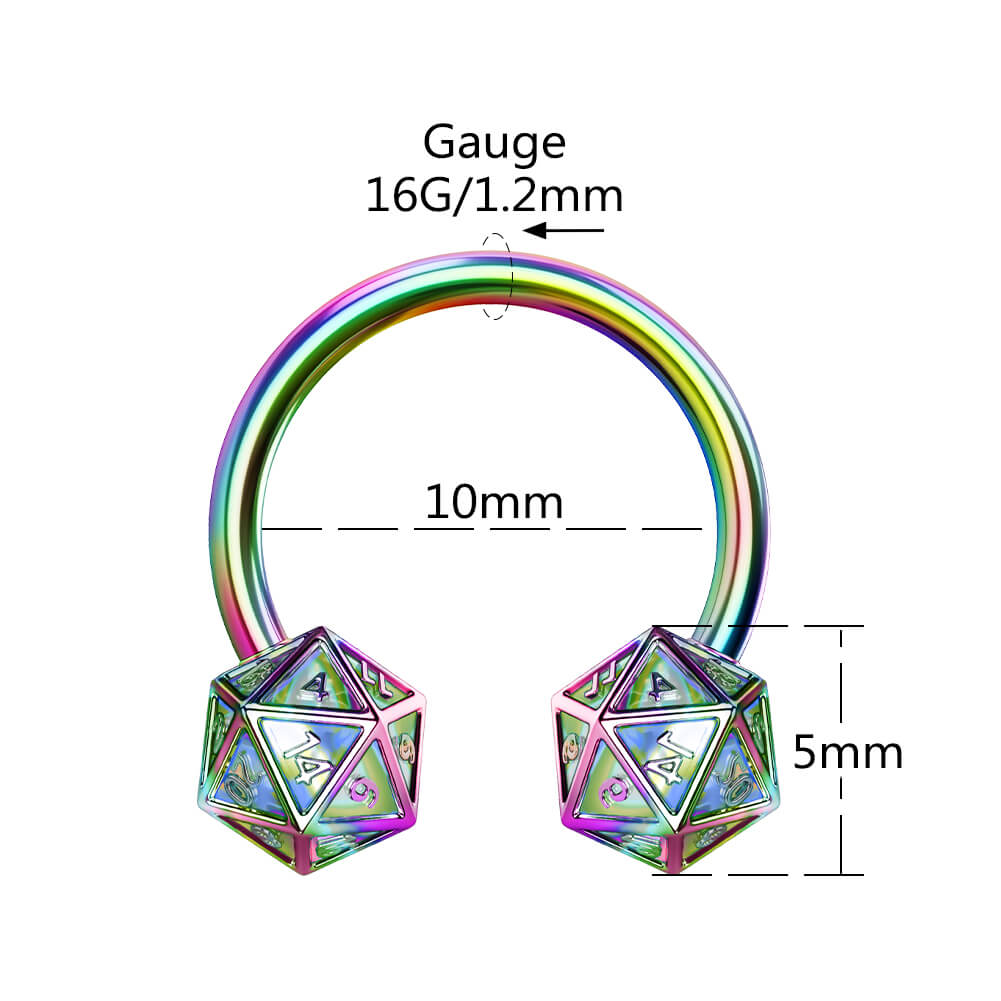 DND D20 Dice Rainbow Horseshoe Septum Ring