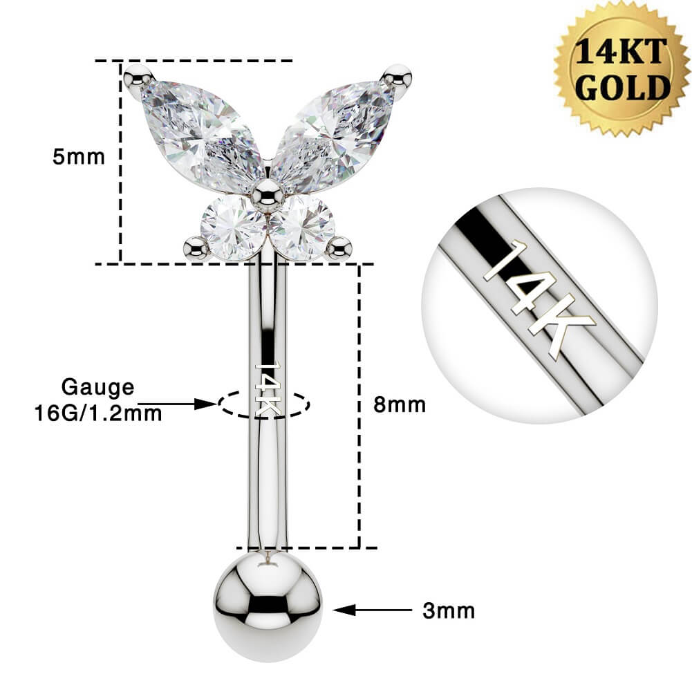 14K White Gold CZ Butterfly Eyebrow Ring