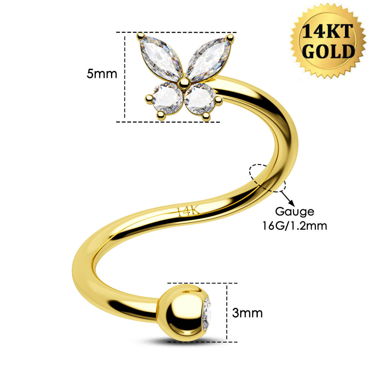 14K Gold Butterfly Spiral Cartilage Earring