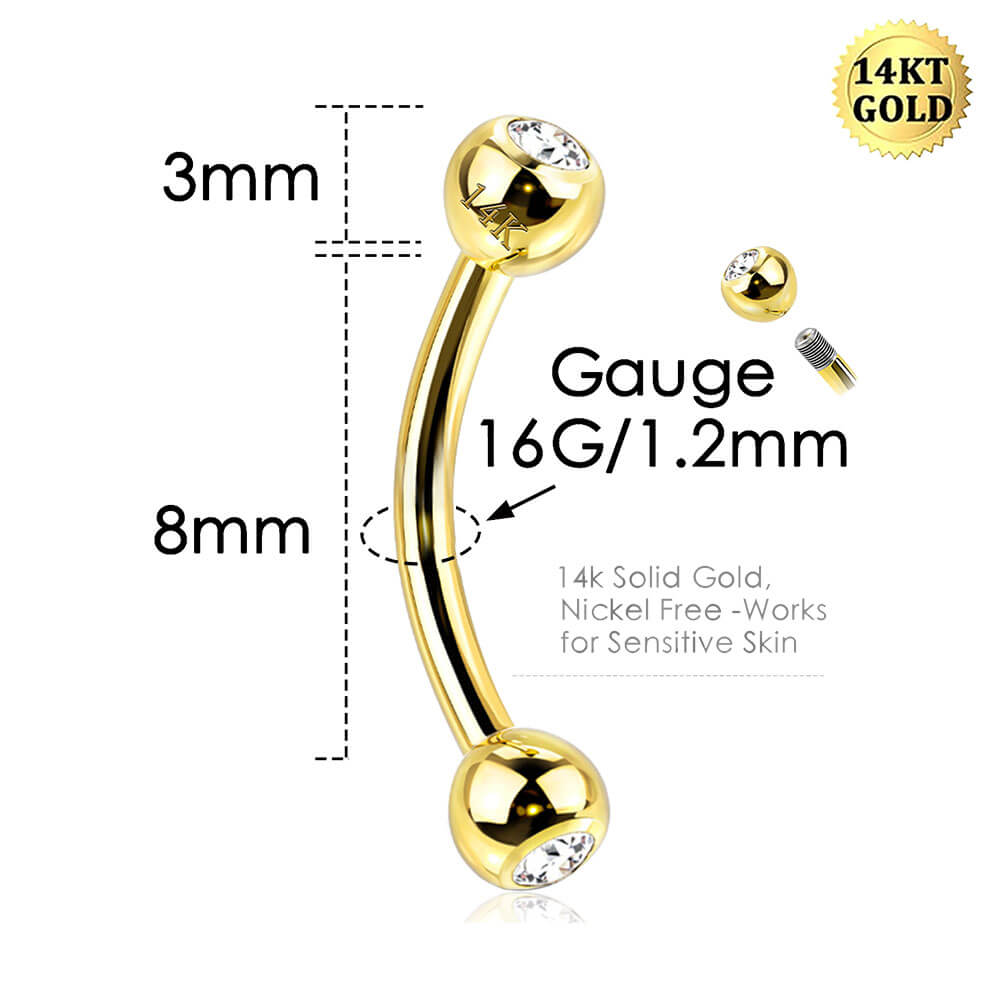 14K Gold Curved Barbells Rook Earring