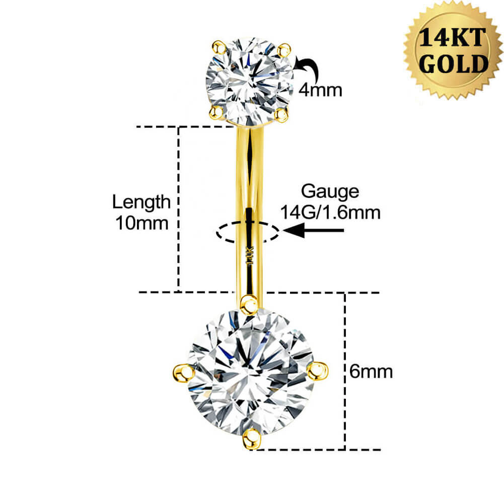 14K Gold Round CZ Internally Threaded Belly Ring