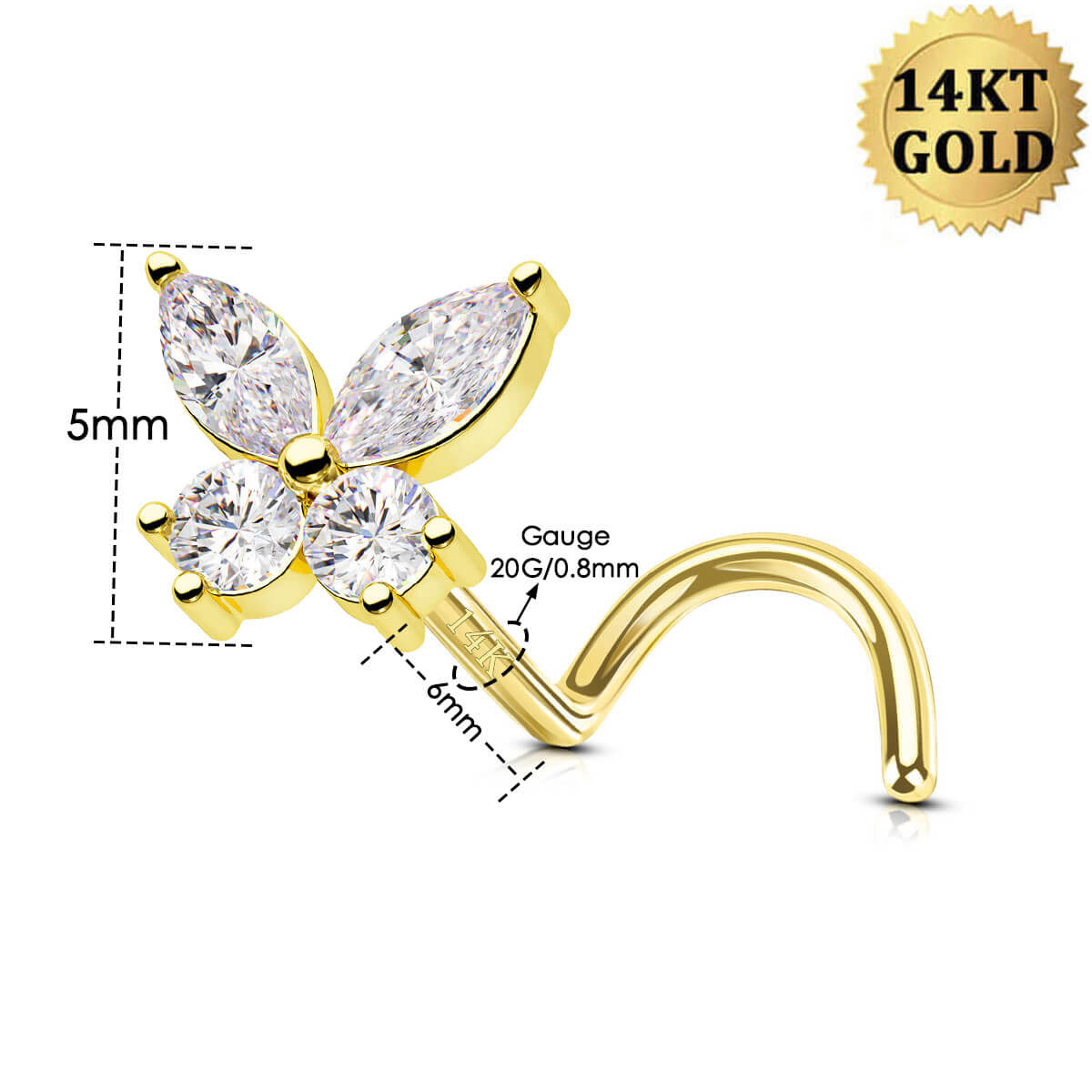 14K Gold CZ Butterfly Nose Stud