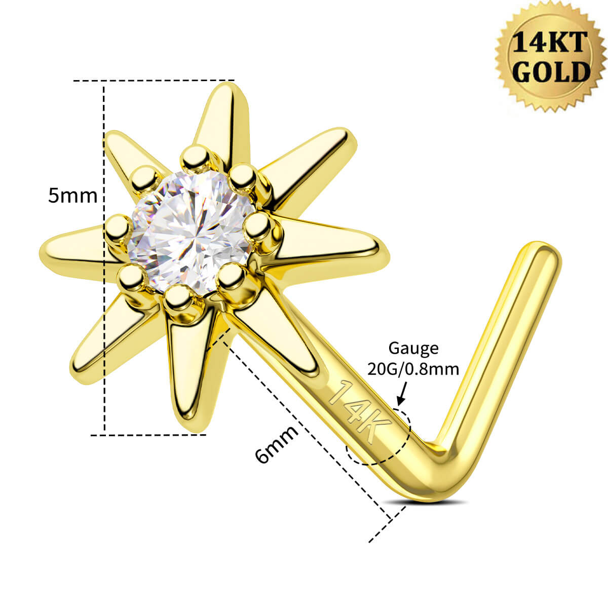 14K Gold Sun L-Shape Nose Stud