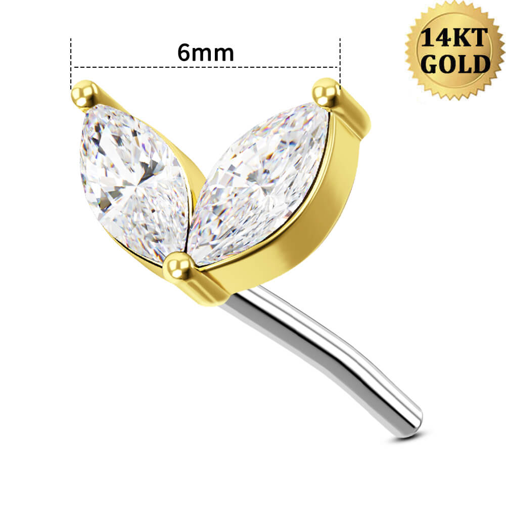 14K Gold CZ Two Leaves Threadless Cartilage Earring