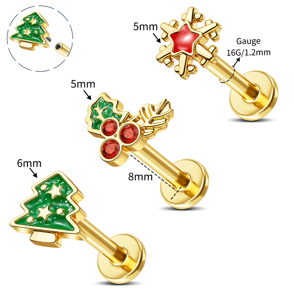 3PCS Tree Internally Threaded Cartilage Studs