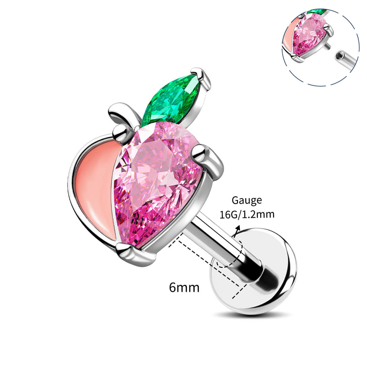 Oufer X Roly Peach With Half Pink CZ Internally Threaded Cartilage Stud