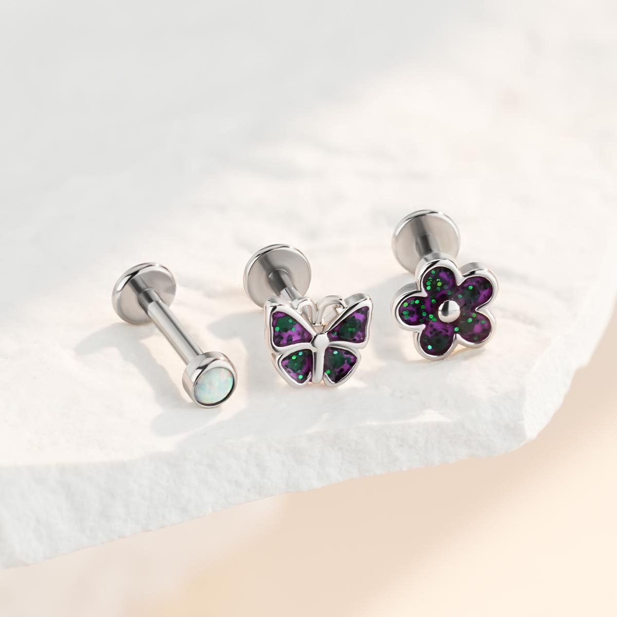 3PCS Butterfly Flower Internally Threaded Helix Stud