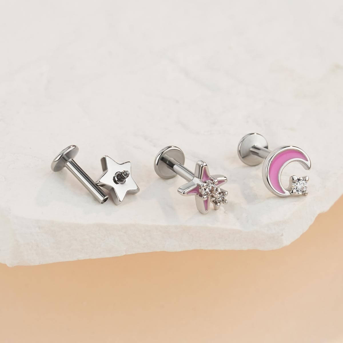 3PCS Pink Moon Star Internally Threaded Helix Stud