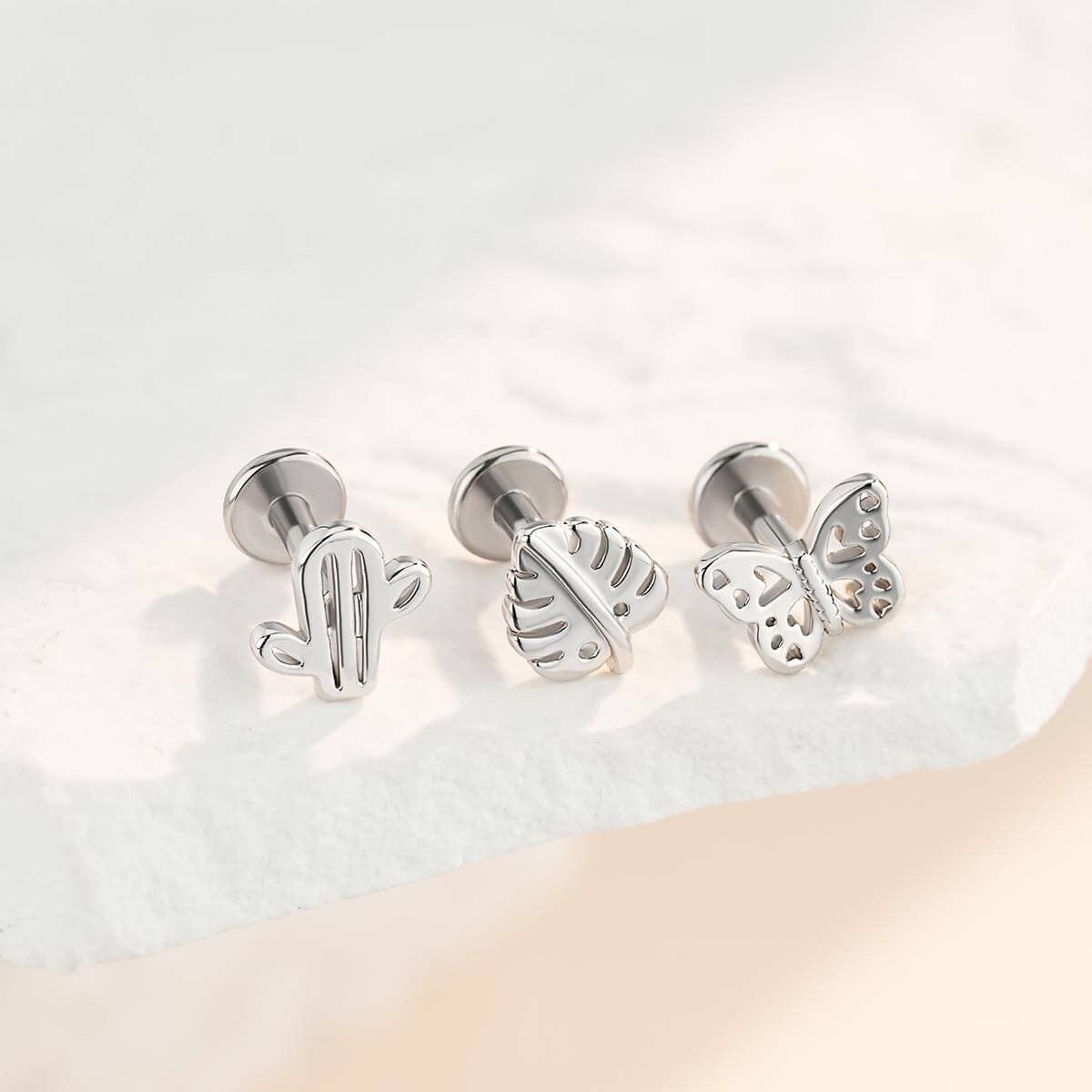 3PCS Cactus Leaf Butterfly Internally Threaded Helix Stud