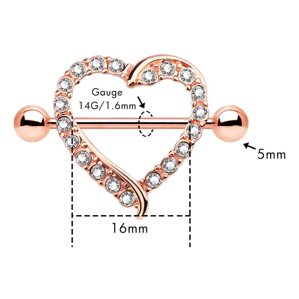 2PCS CZ Heart Shield Rose Gold Nipple Barbell