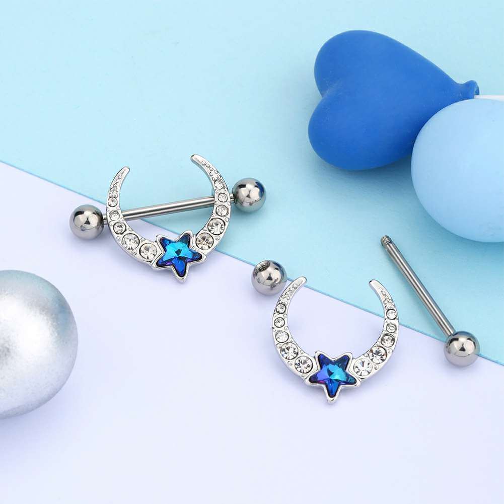 2PCS Blue Star CZ Gems Nipple Rings