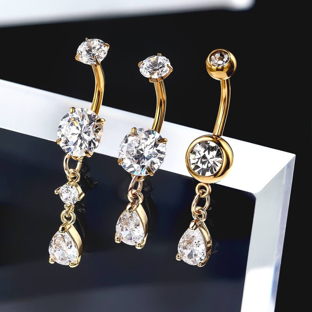 3PCS Dangle CZ Belly Button Rings Set