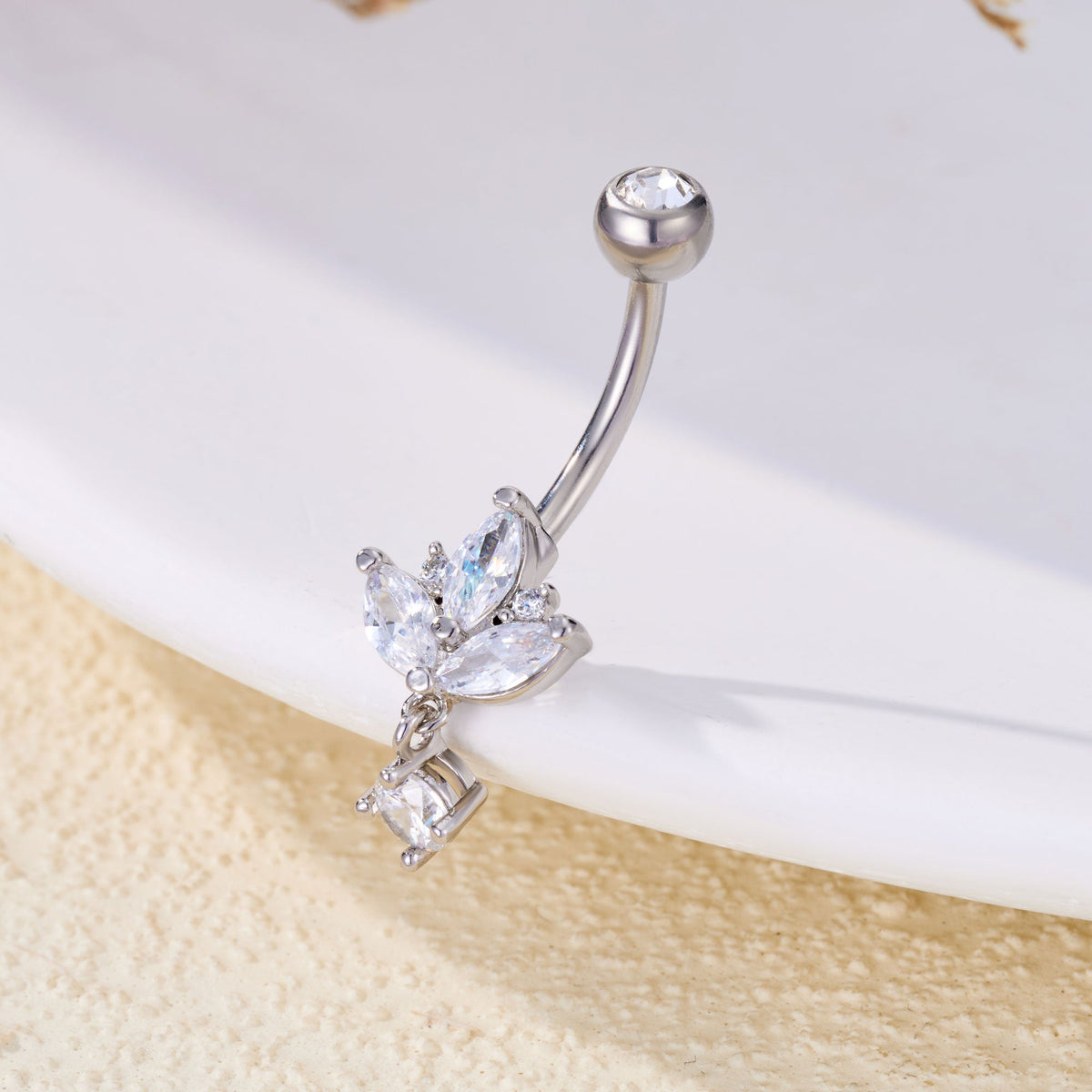 Lotus CZ Dangle Belly Ring