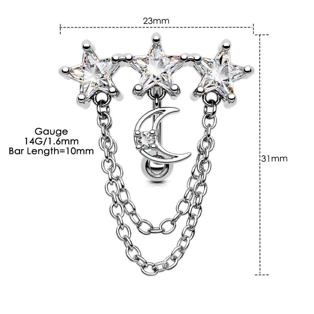 Star & Moon CZ Reverse Dangle Belly Ring