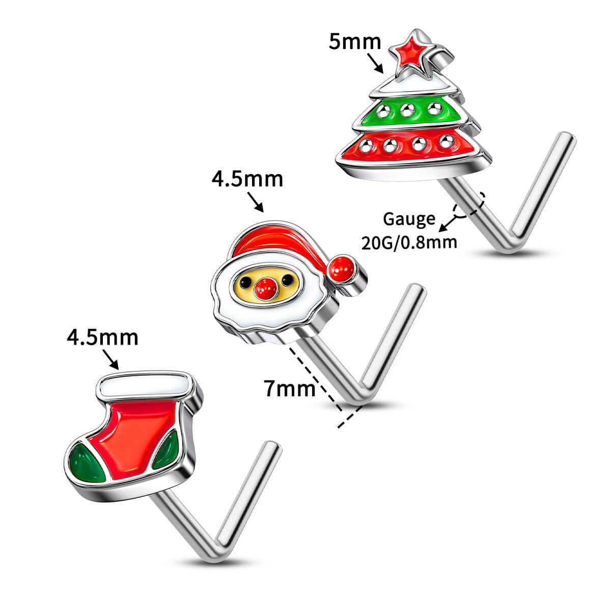 3PCS Christmas Tree/Santa/Socks Nose Studs Set