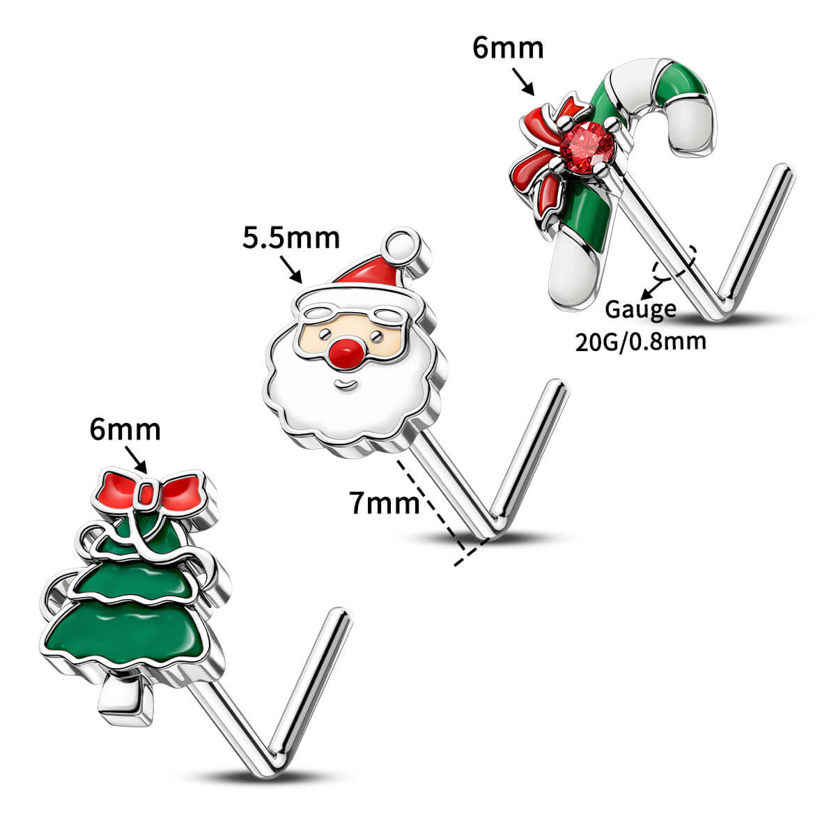 3PCS Chiristmas Santa/Tree/CandyCane Nose Stud