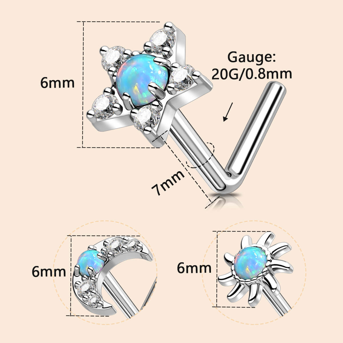 3PCS Synthetic Opal Nose Studs Set