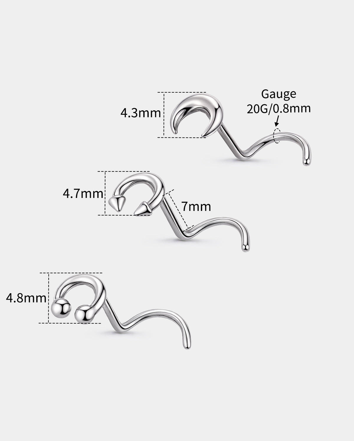 3PCS Ball Spike Crescent Nose Stud Set