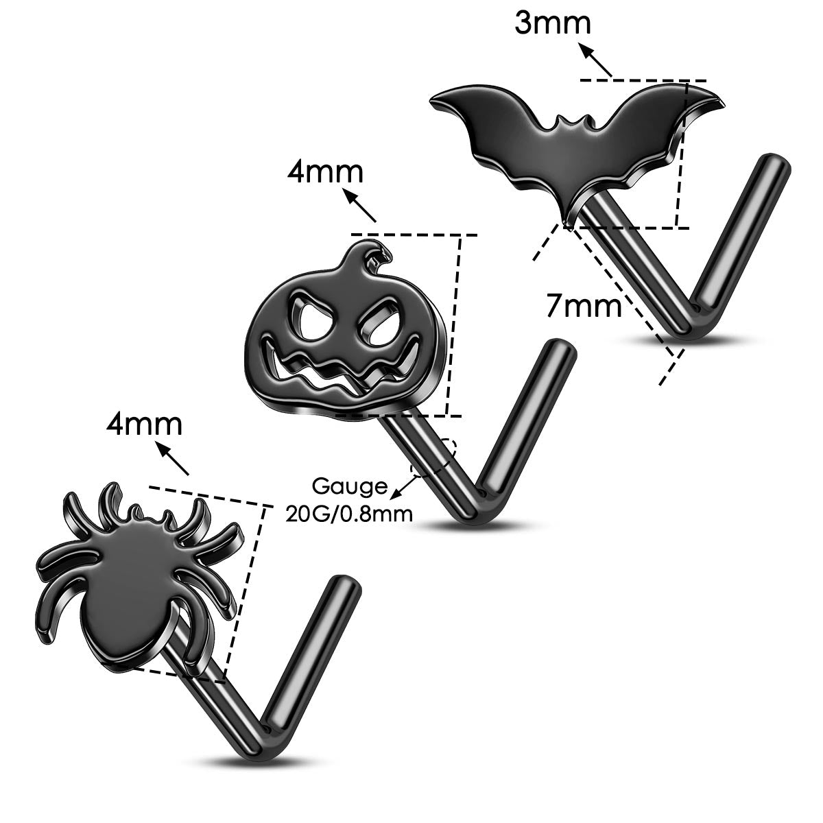 3PCS Bat/Pumpkin/Spider Nose Studs Set