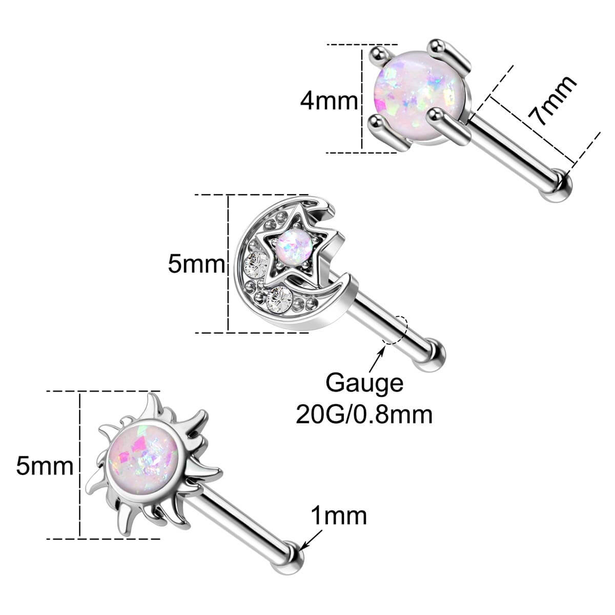 3PCS Synthetic Opal Moon&Star Nose Studs