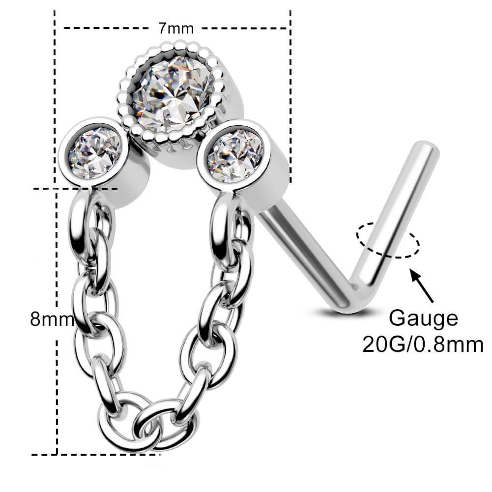 CZ Bezel Setting Dangle Chain Nose Stud