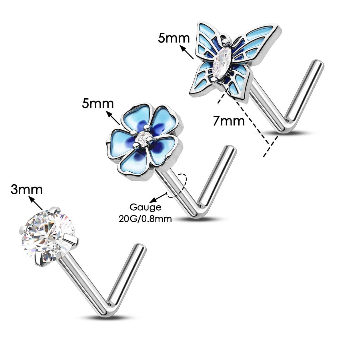 3PCS Flower/Butterfly/CZ Nose Stud Set