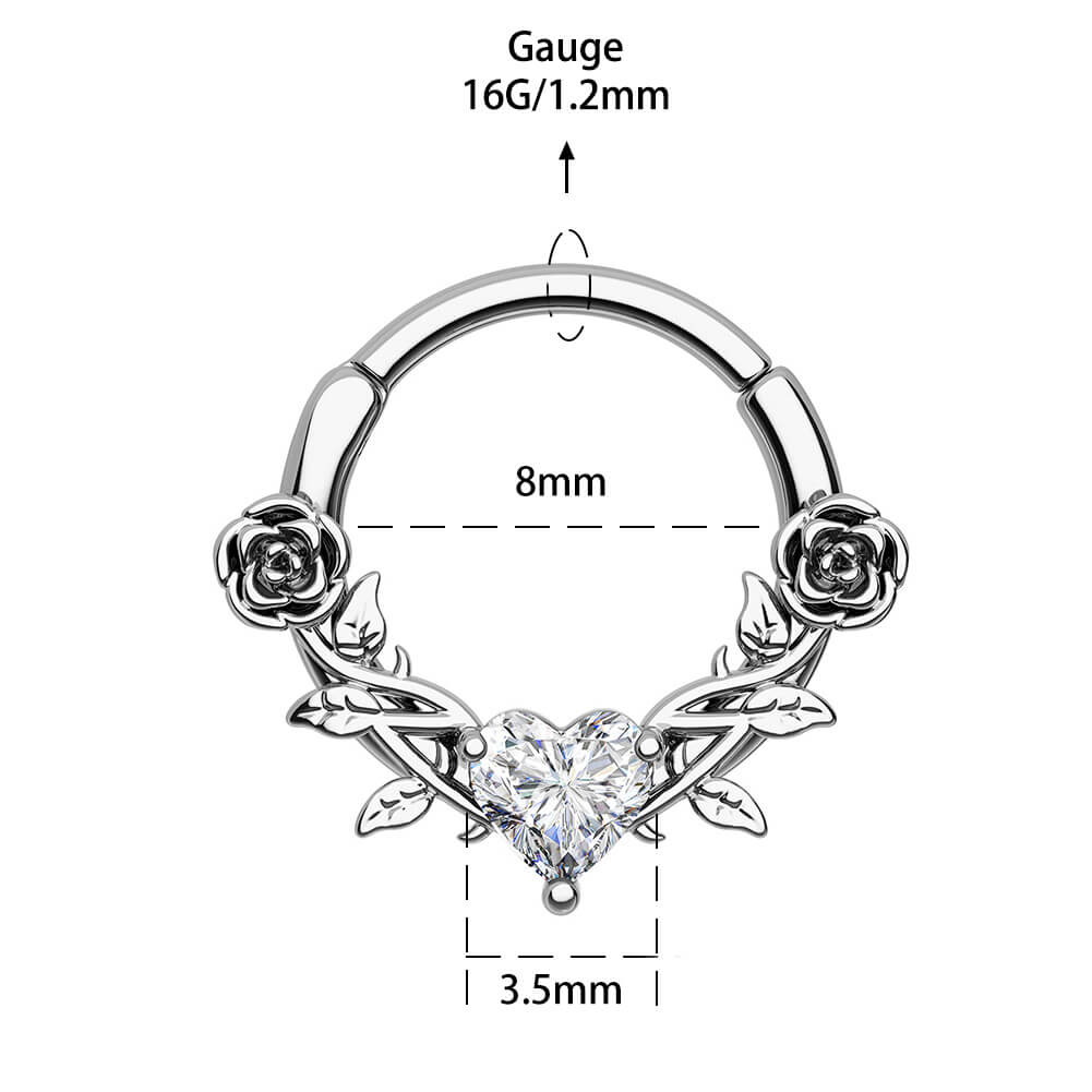 Rose Love Heart CZ Gem Clicker Septum Ring