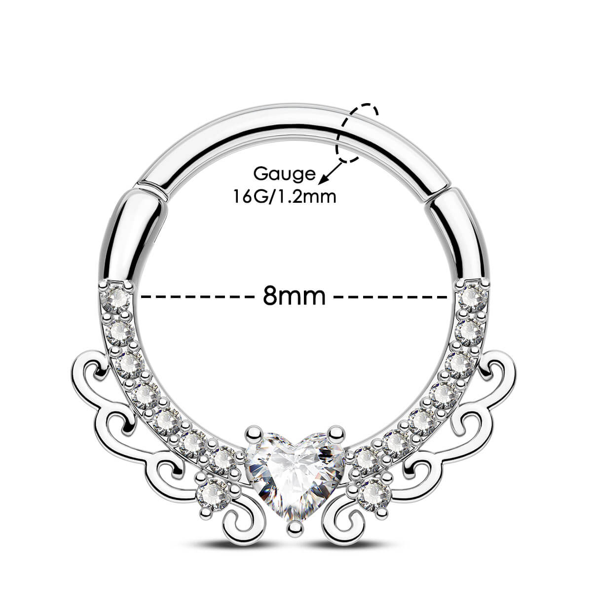 Elegant Heart CZ Hinged Segment Septum Ring