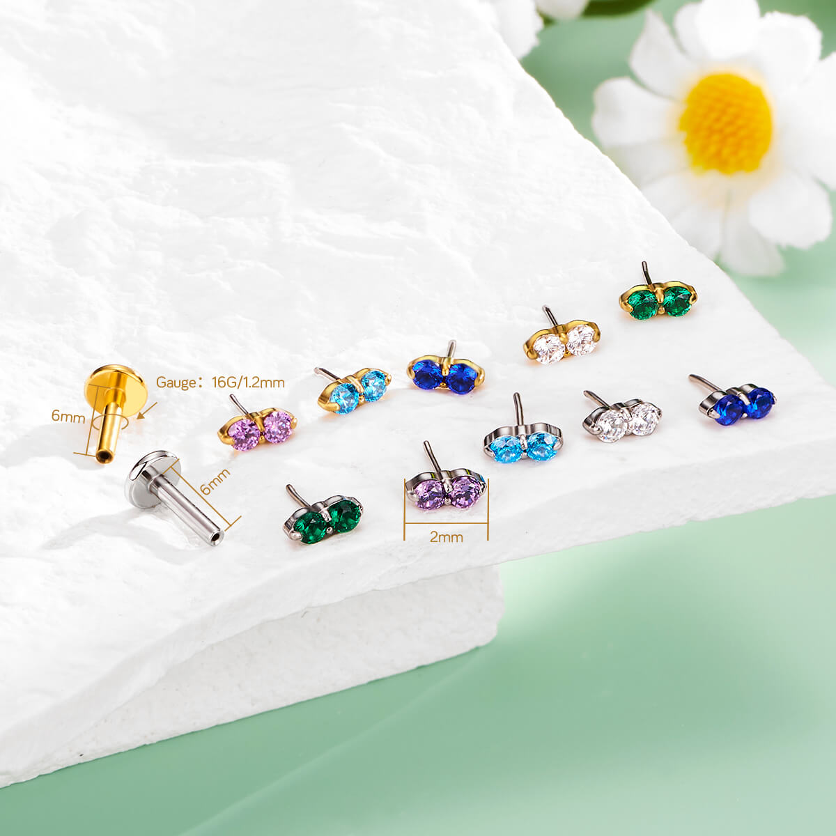 Double CZ Threadless Push Pin Helix Stud