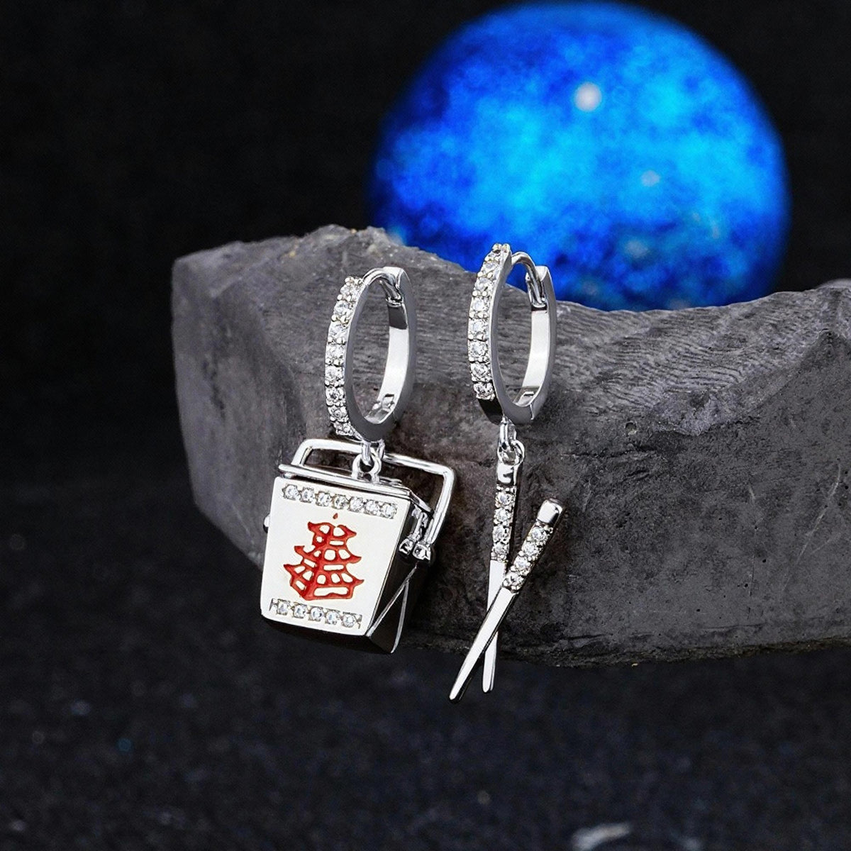 2PCS Chinese Take Out Container & Chopsticks 18K Plating Hoop Earring