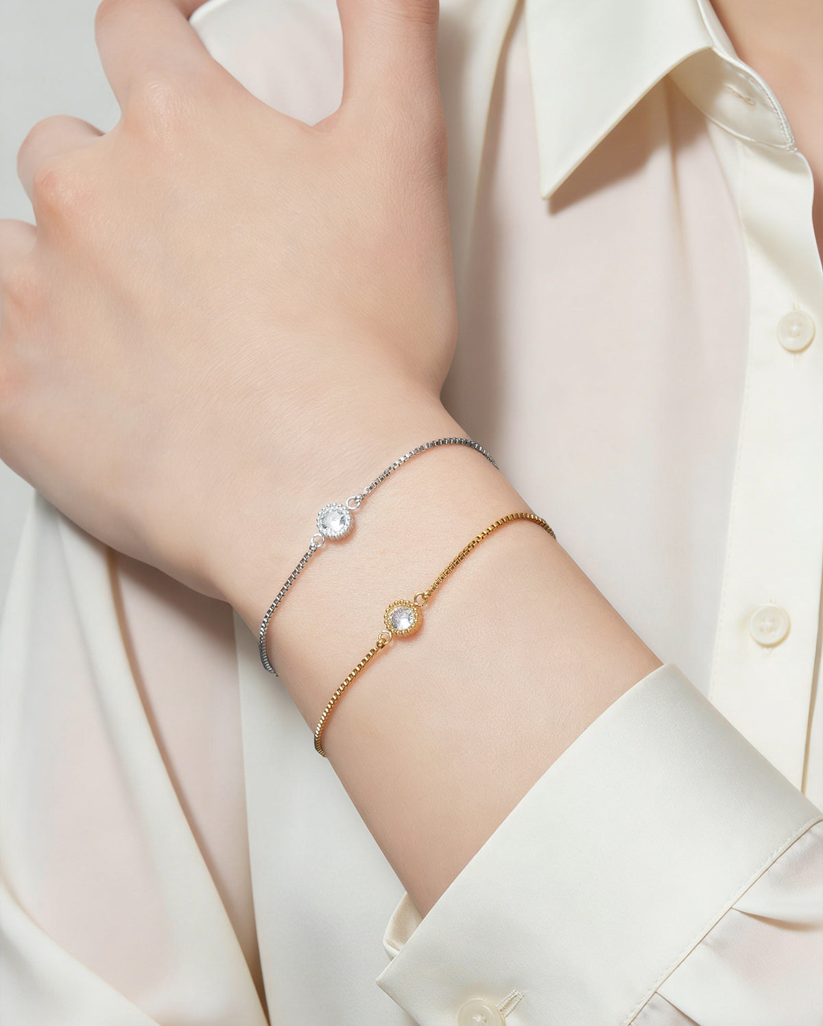 Silver and Gold Minimal Round CZ Bracelet