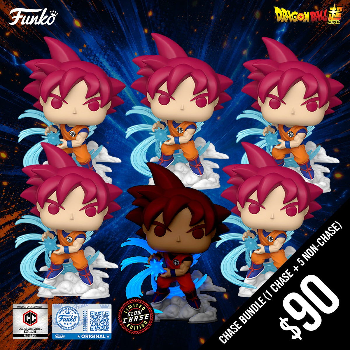 Pre-Order: Funko Pop! Chalice Exclusive: DBS: Super Saiyan God Goku  #2491 (6-Pop Guaranteed Chase Bundle) (PR)