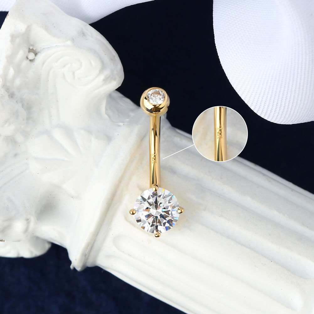 14K Gold Round CZ Belly Ring