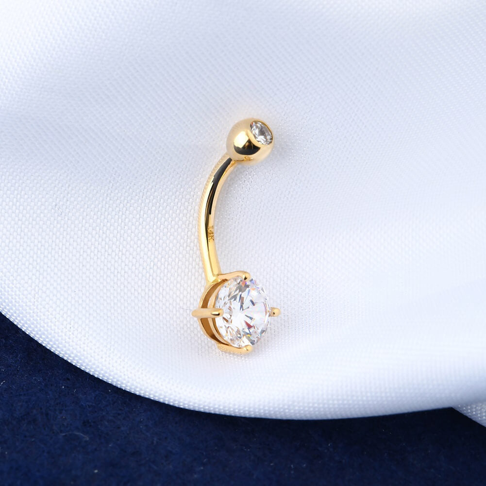 14K Gold Round CZ Belly Ring