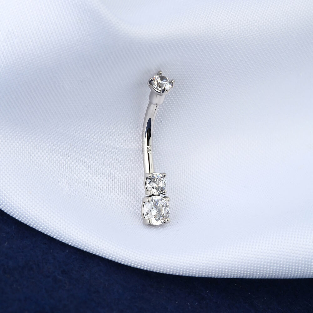 14K White Gold Three Round CZ Belly Ring
