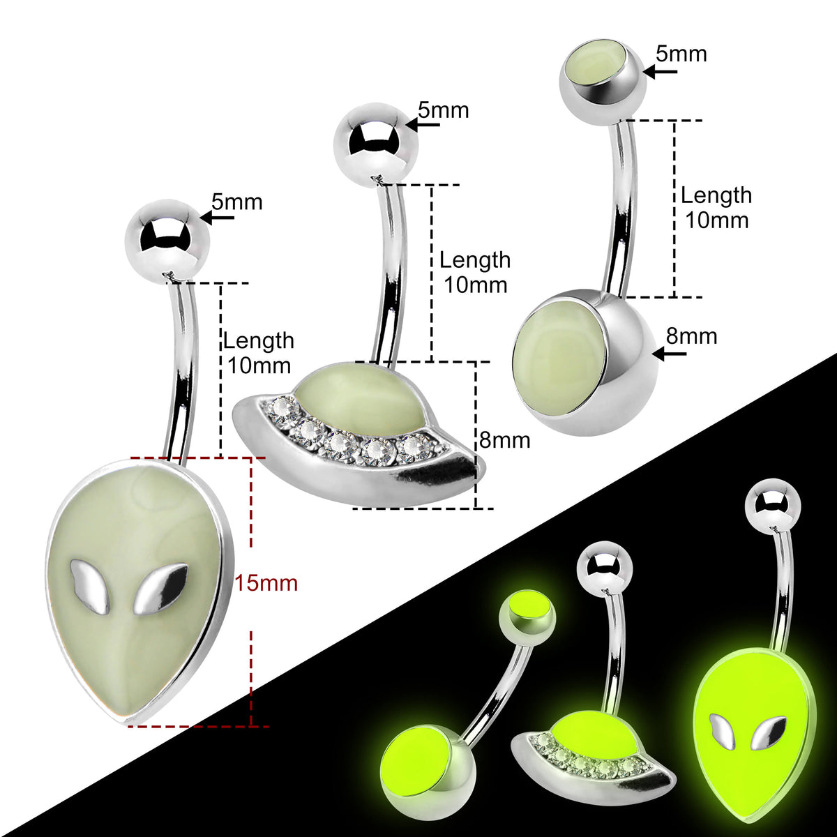 3PCS Alien Glow-in-the-Dark Belly Rings