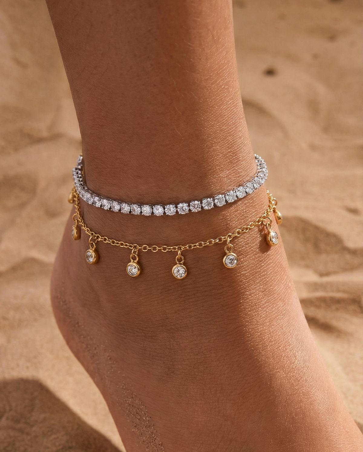 2PCS 18K Gold Plated CZ Dangle Layered Anklet Set