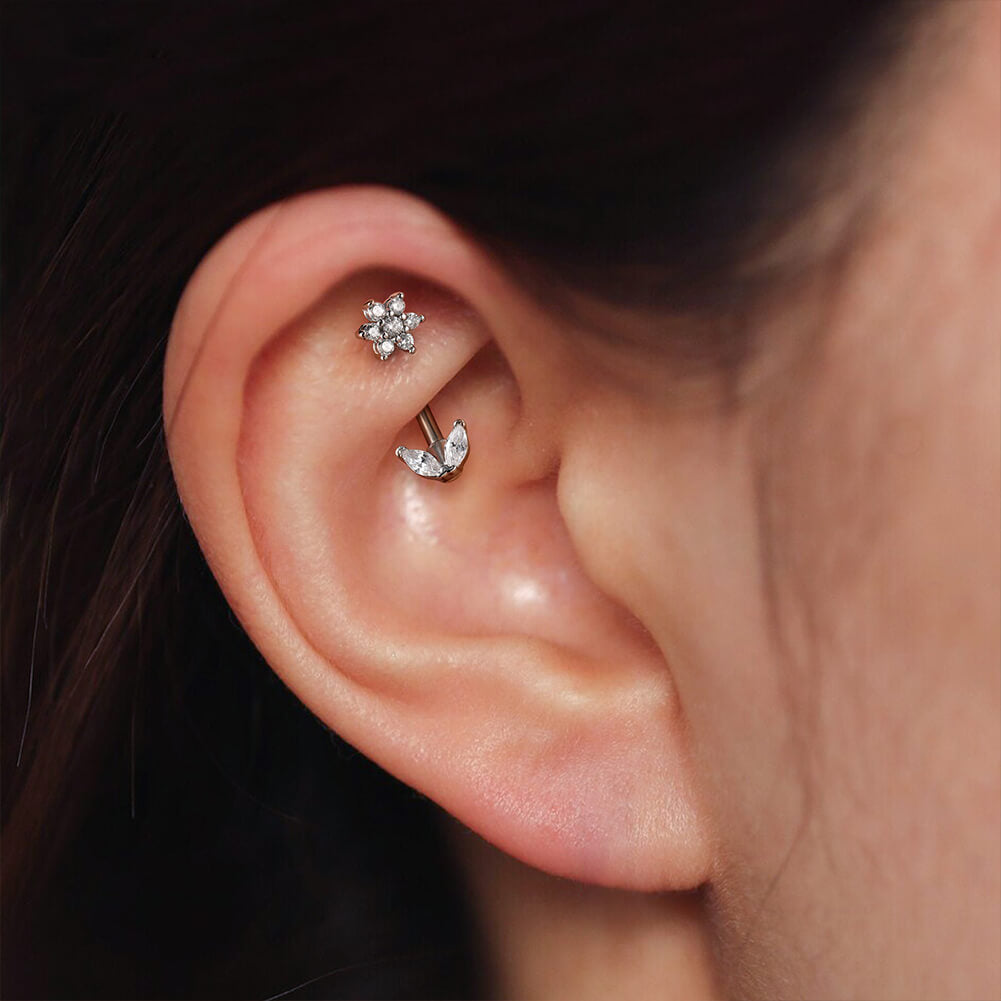 CZ Flower Curved Barbell Rook Ring