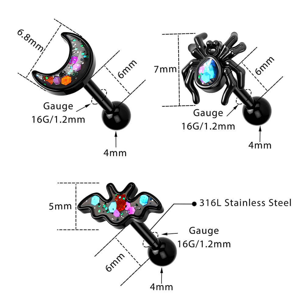 3PCS Spider Bat Moon Cartilage Set