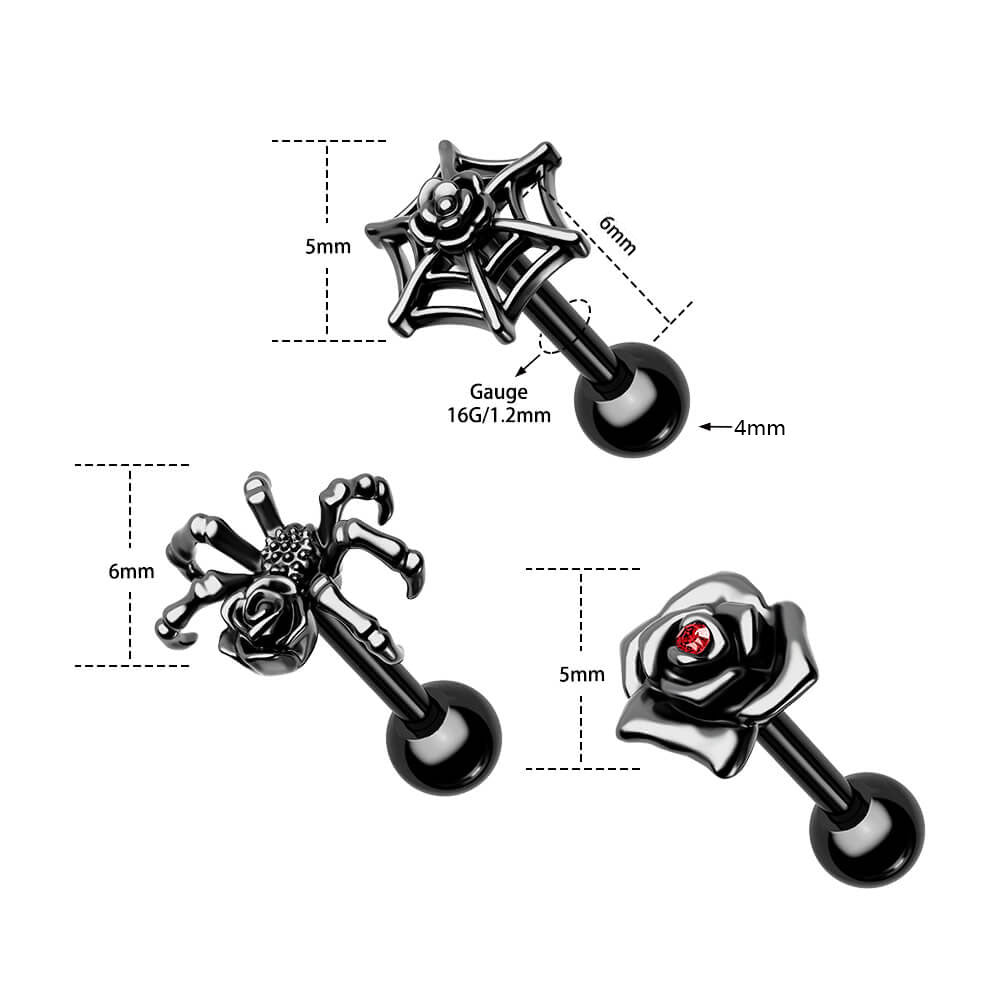 3PCS RoseWebSpider Cartilage Studs Set