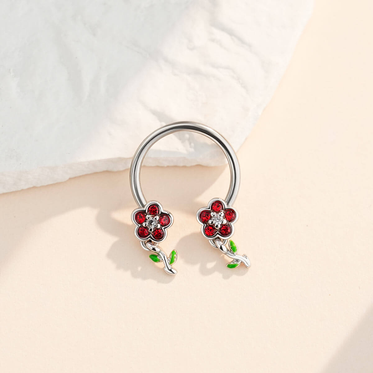 Red CZ Flower Horseshoe Septum Ring