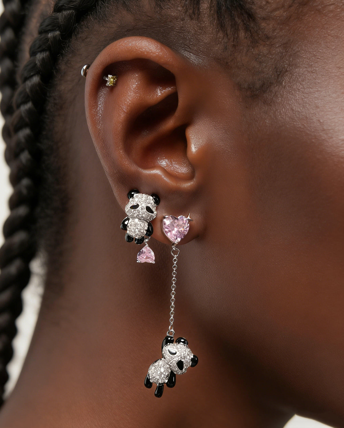 2PCS Asymmetrical Panda Heart CZ Dangle Earrings