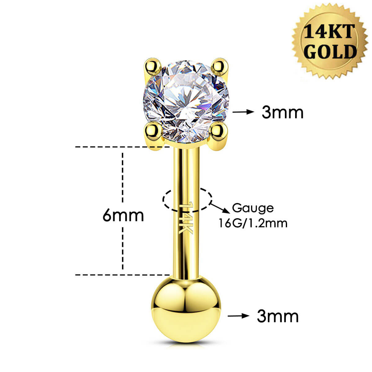 14K Gold Clear CZ Eyebrow & Rook Earring