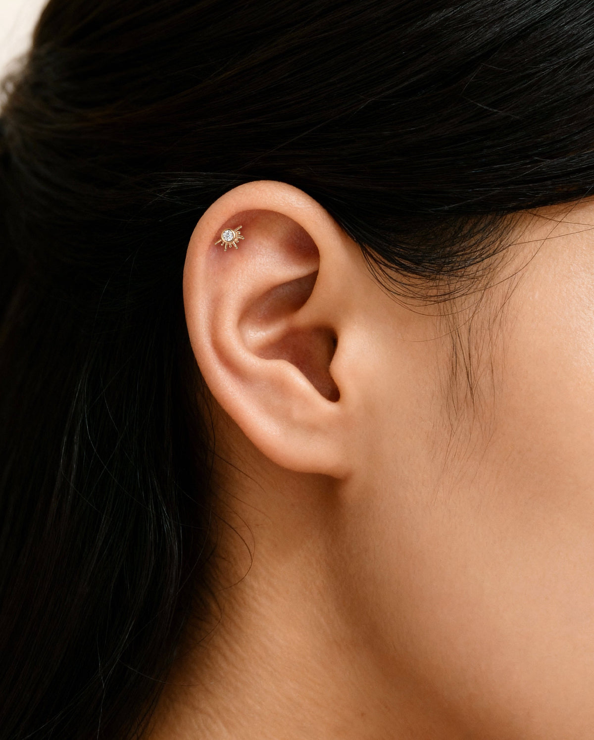 14K Solid Gold Sunburst Moissanite Helix Stud