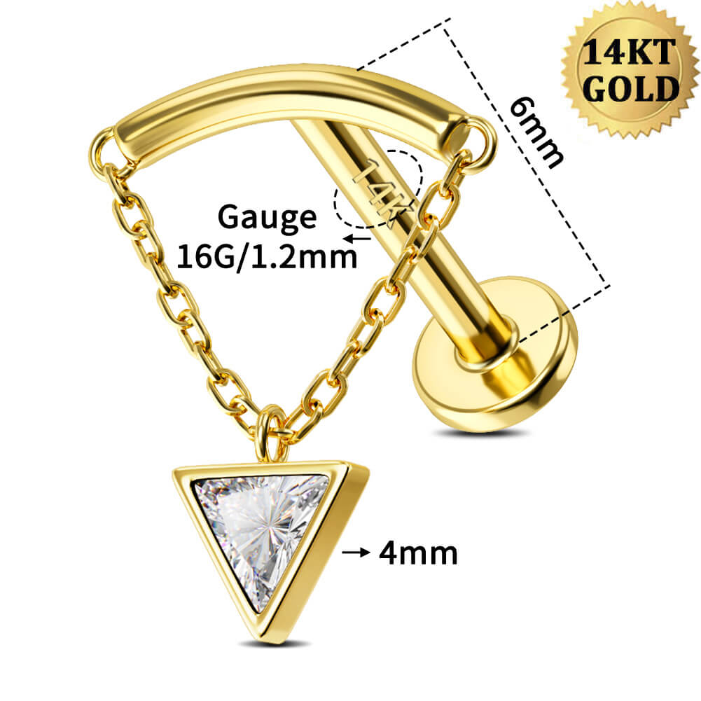 14K Gold Triangle CZ Dangle Internally Threaded Helix Earring