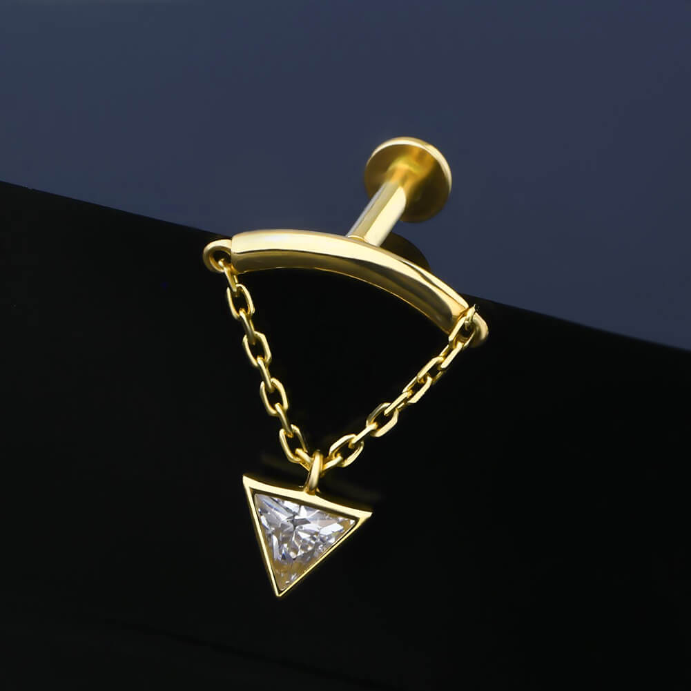 14K Gold Triangle CZ Dangle Internally Threaded Helix Earring